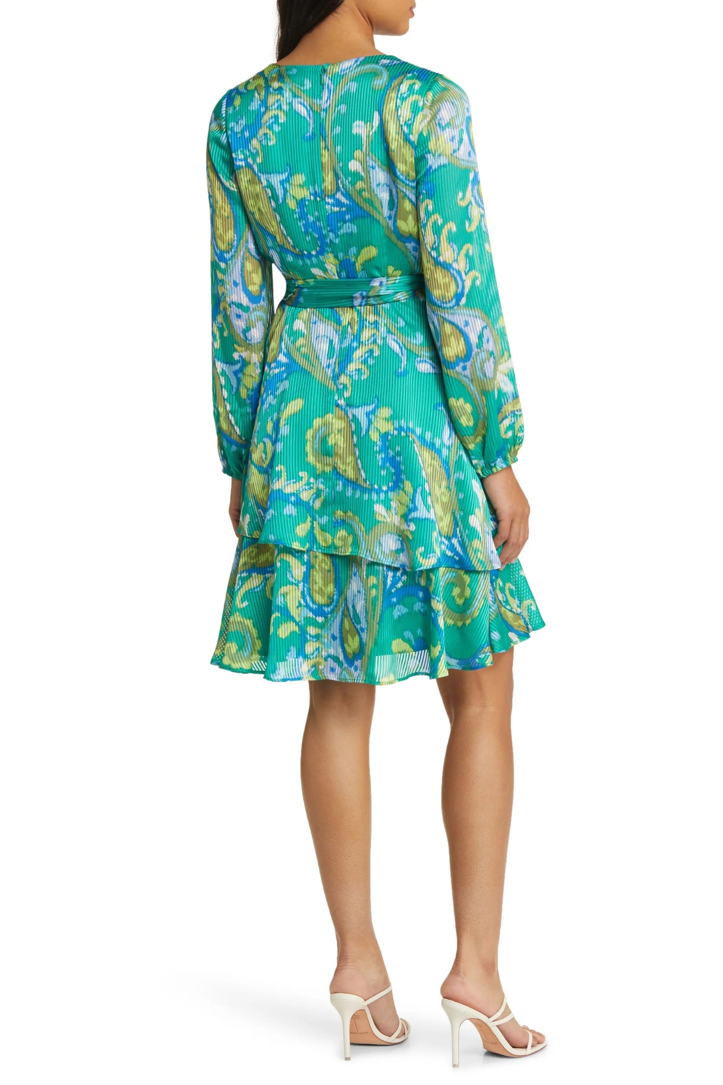 Tahari Asl Organza Surplice V-neck Tie Waist Ruffled Tiered Skirt Wrap Short Dress - BASIL - Back