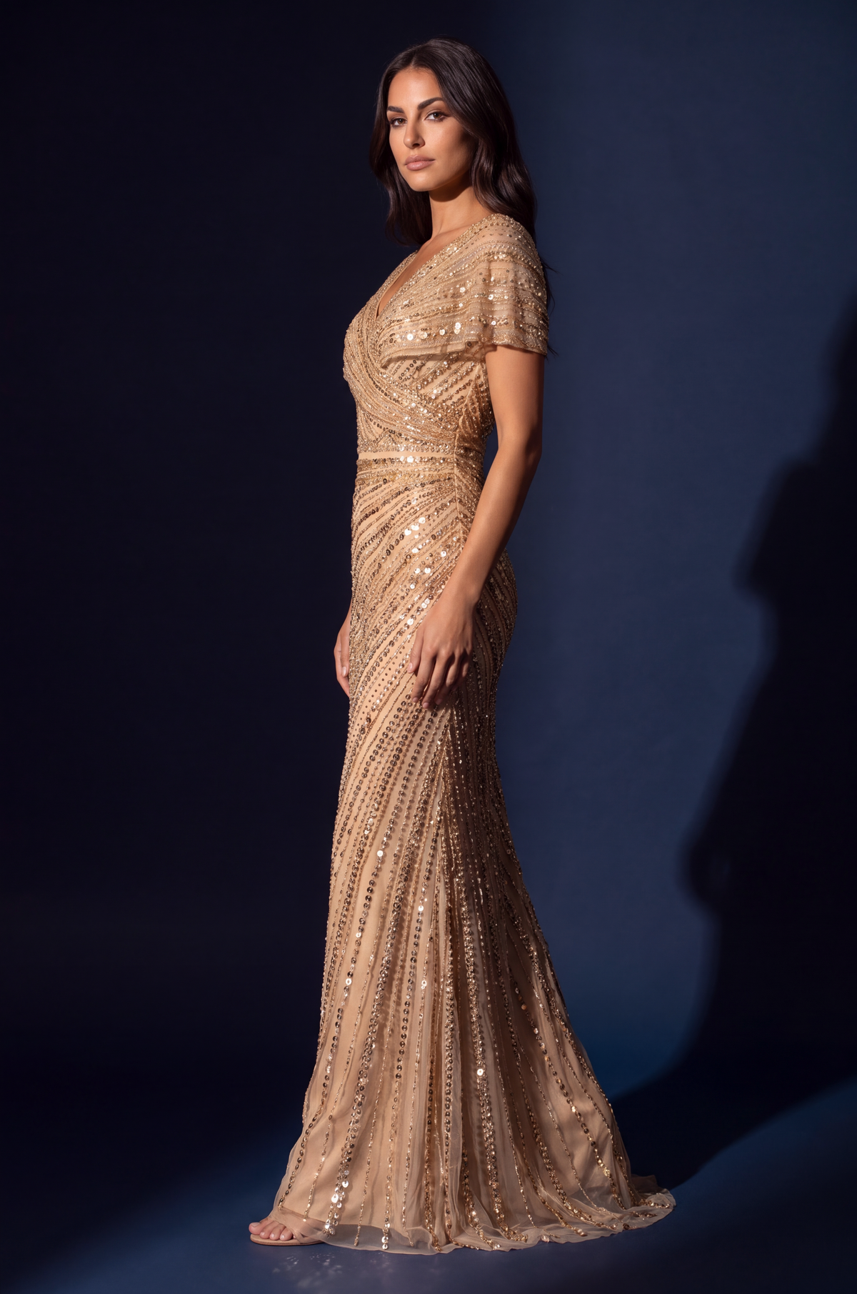 Beaded V-Neck Cap Sleeve Mermaid Gown