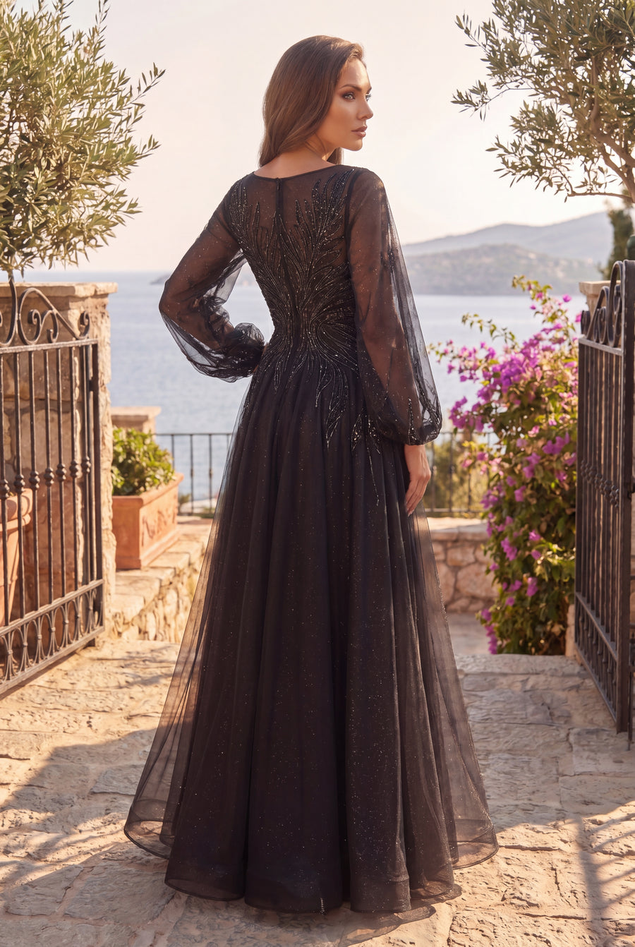 V Neck Floor Length Sleeve Formal Evening Dress