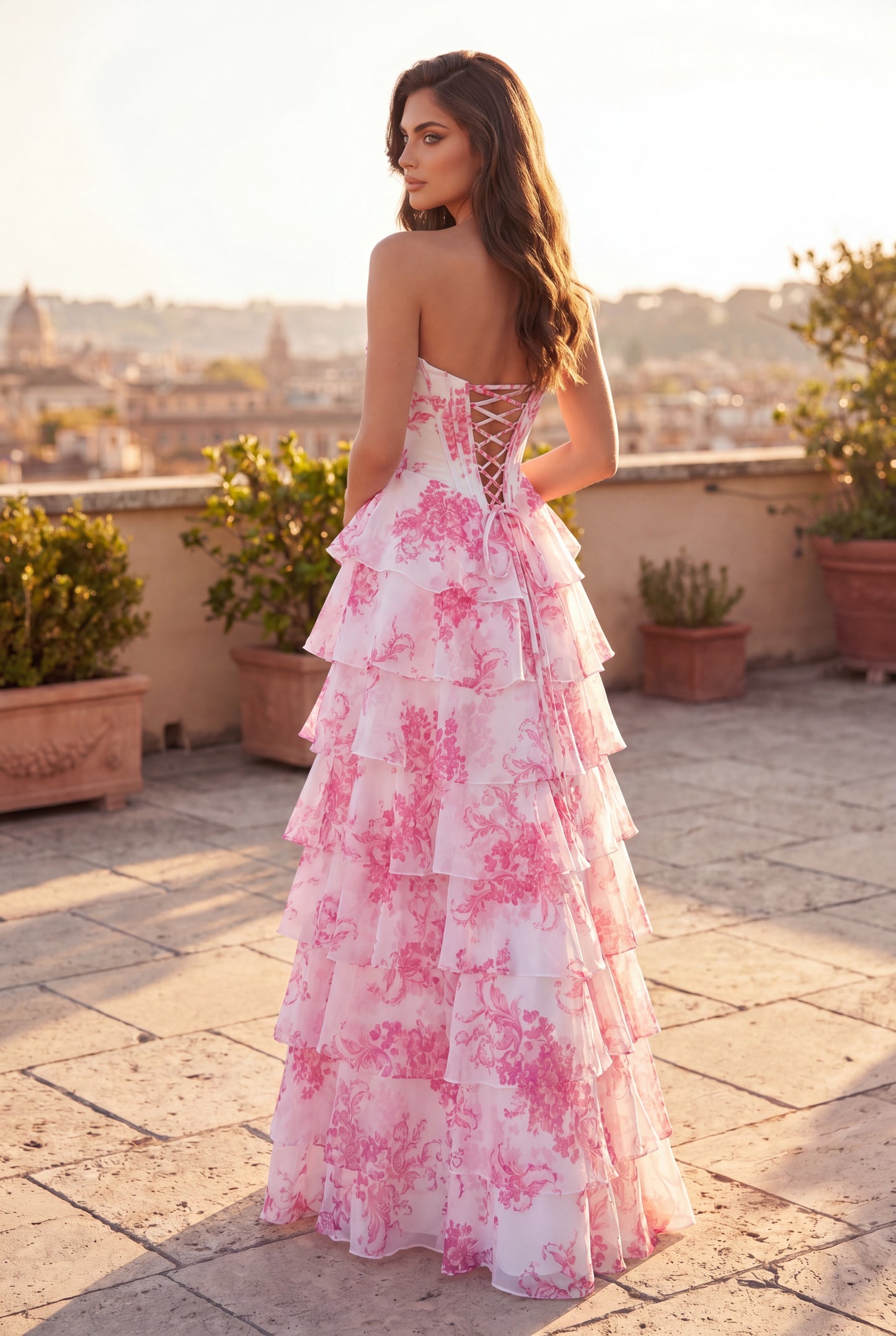 Prom Dresses Long Corset Print Prom Gown Pink