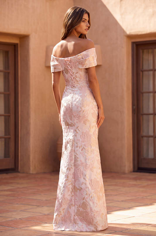 Off the Shoulder Floral Jacquard Mermaid Evening Formal Dress