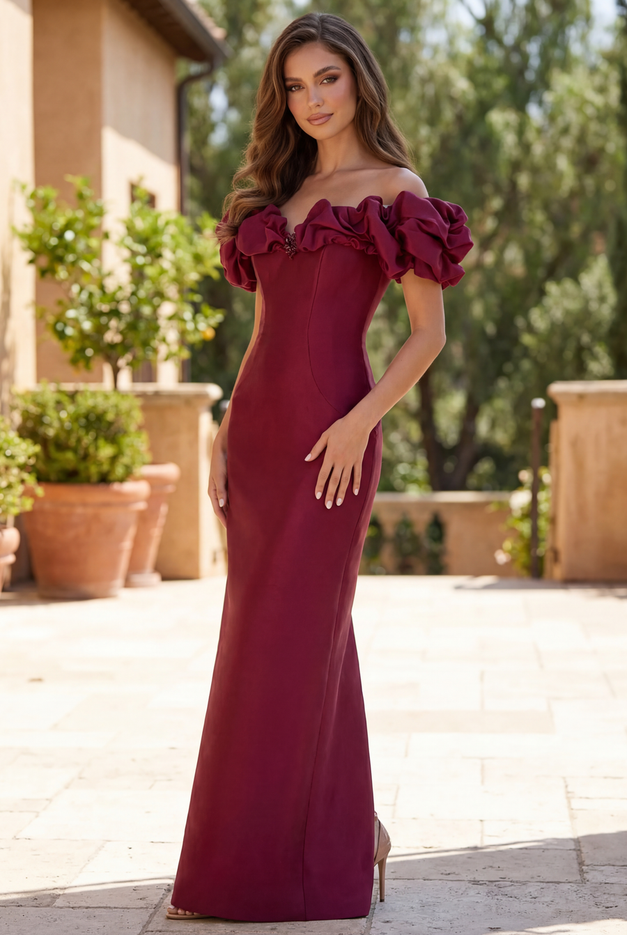 Tiered Sleeve Long Formal Evening Dress