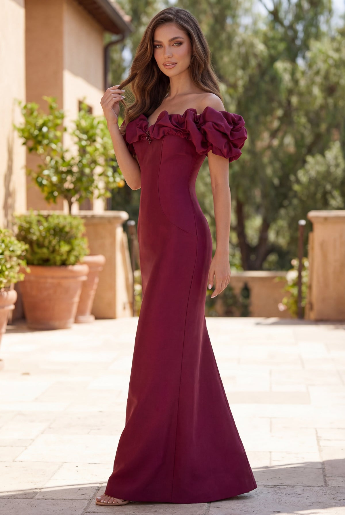 Tiered Sleeve Long Formal Evening Dress