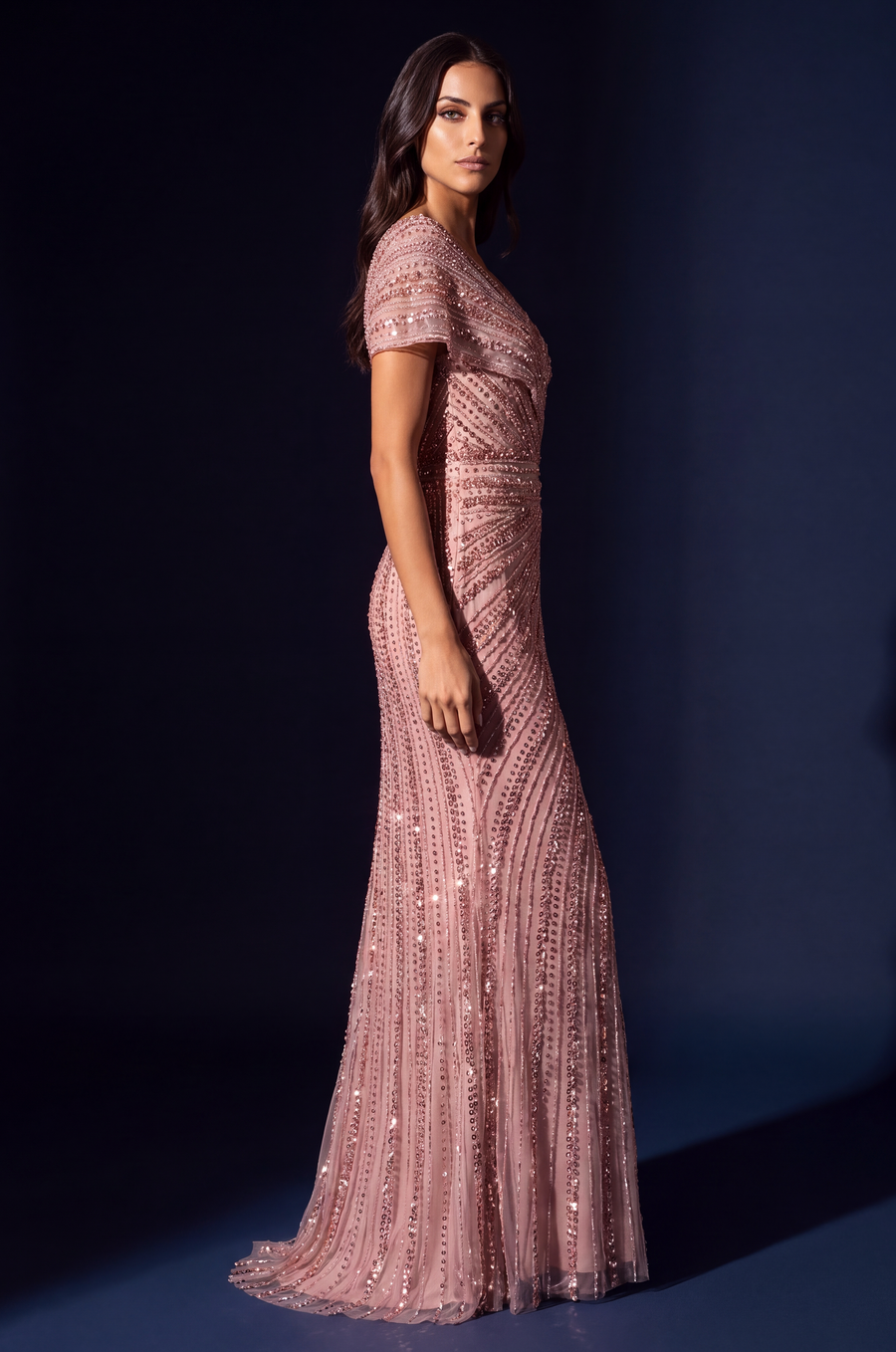 Beaded V-Neck Cap Sleeve Mermaid Gown