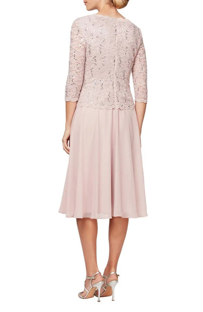 Alex Evenings Crew Neck 3/4 Sleeve Lace Bodice & Chiffon Skirt (Plus Size) - SHELL PINK - BACK