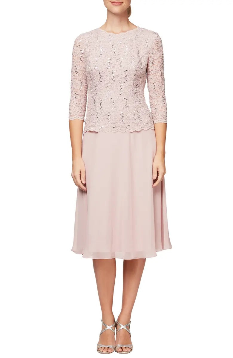 Alex Evenings Crew Neck 3/4 Sleeve Lace Bodice & Chiffon Skirt (Plus Size) - SHELL PINK - Front