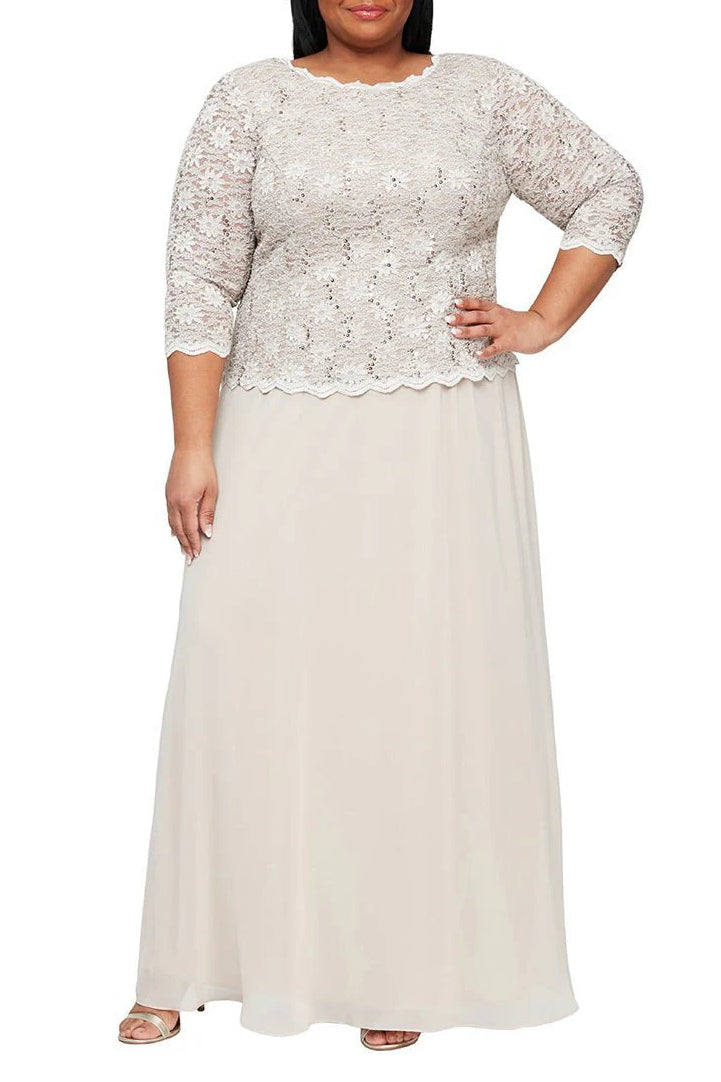 Alex Evening Crew Neck 3/4 Sleeve Popover Lace Top Chiffon Skirt Sequin Dress (Plus Size) - 
 TAUPE - Front