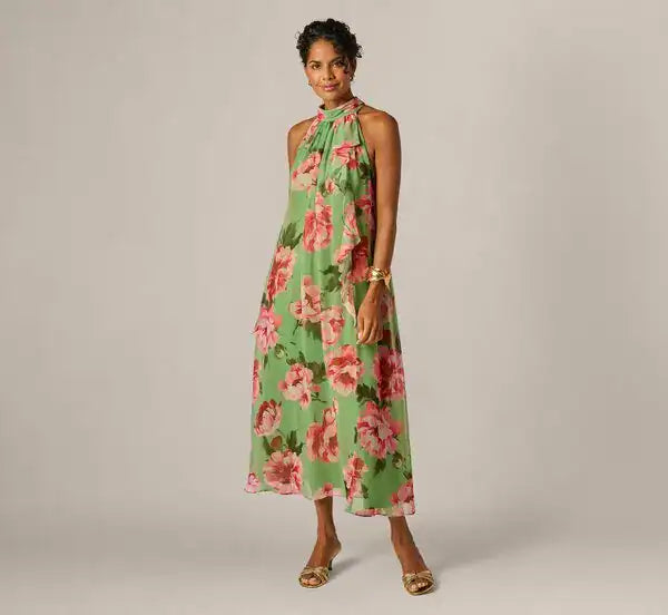 Draped Floral Chiffon Halter Trapeze Gown Adrianna Papell AP1E213278