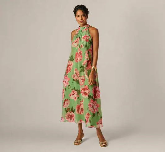 Draped Floral Chiffon Halter Trapeze Gown Adrianna Papell AP1E213278