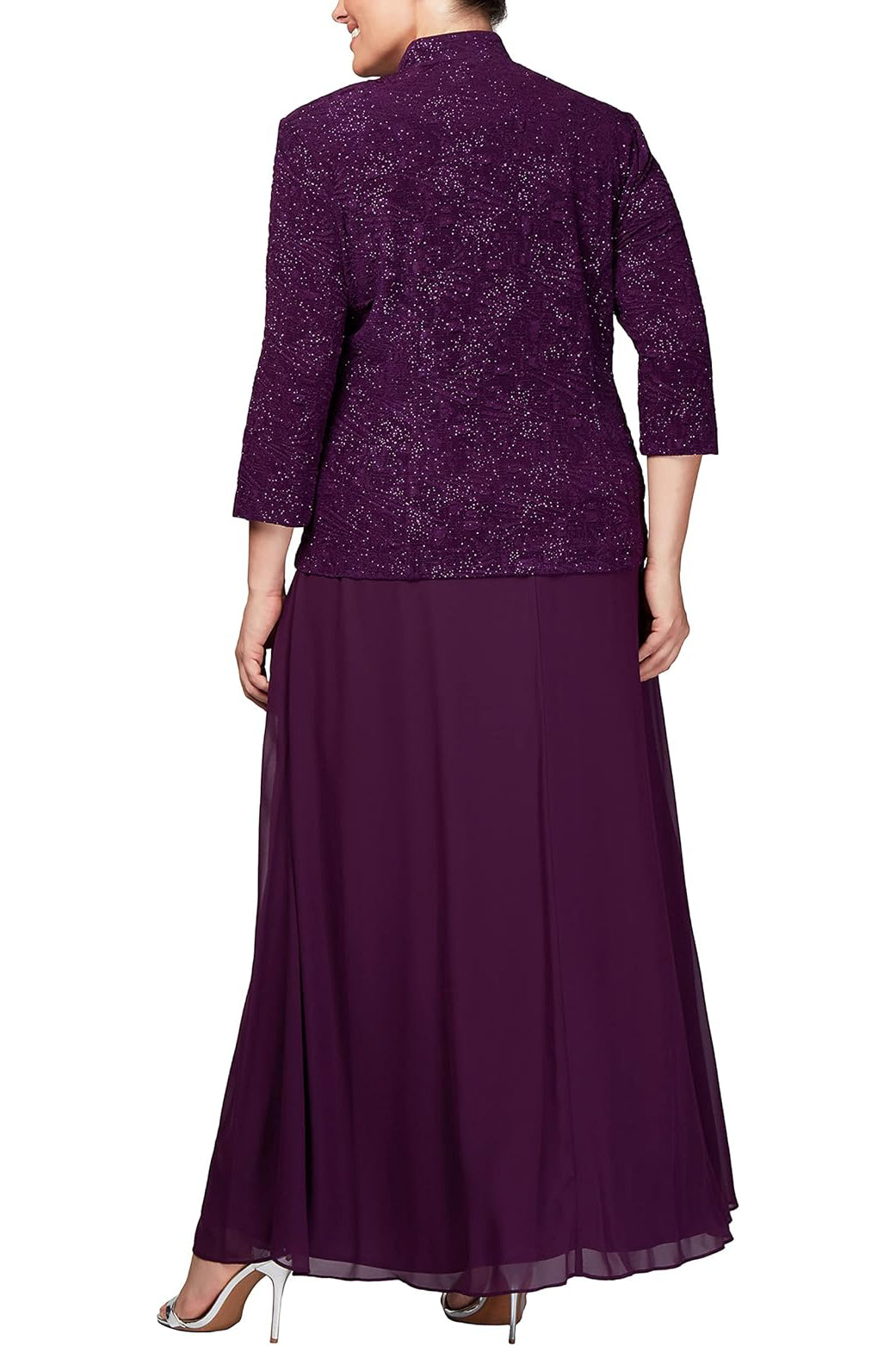 Alex Evenings Scoop Neck 3/4 Sleeve Jacquard Glitter Embellished Chiffon Skirted 2-Piece Jacket Dress (Plus Size) -EGGPLANT - BACK 