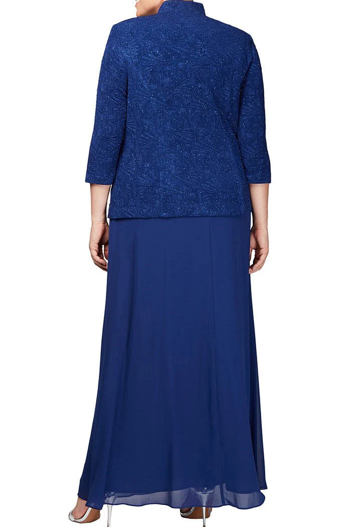 Alex Evenings Scoop Neck 3/4 Sleeve Jacquard Glitter Embellished Chiffon Skirted 2-Piece Jacket Dress (Plus Size) -ELECTRIC BLUE - BACK VIEW