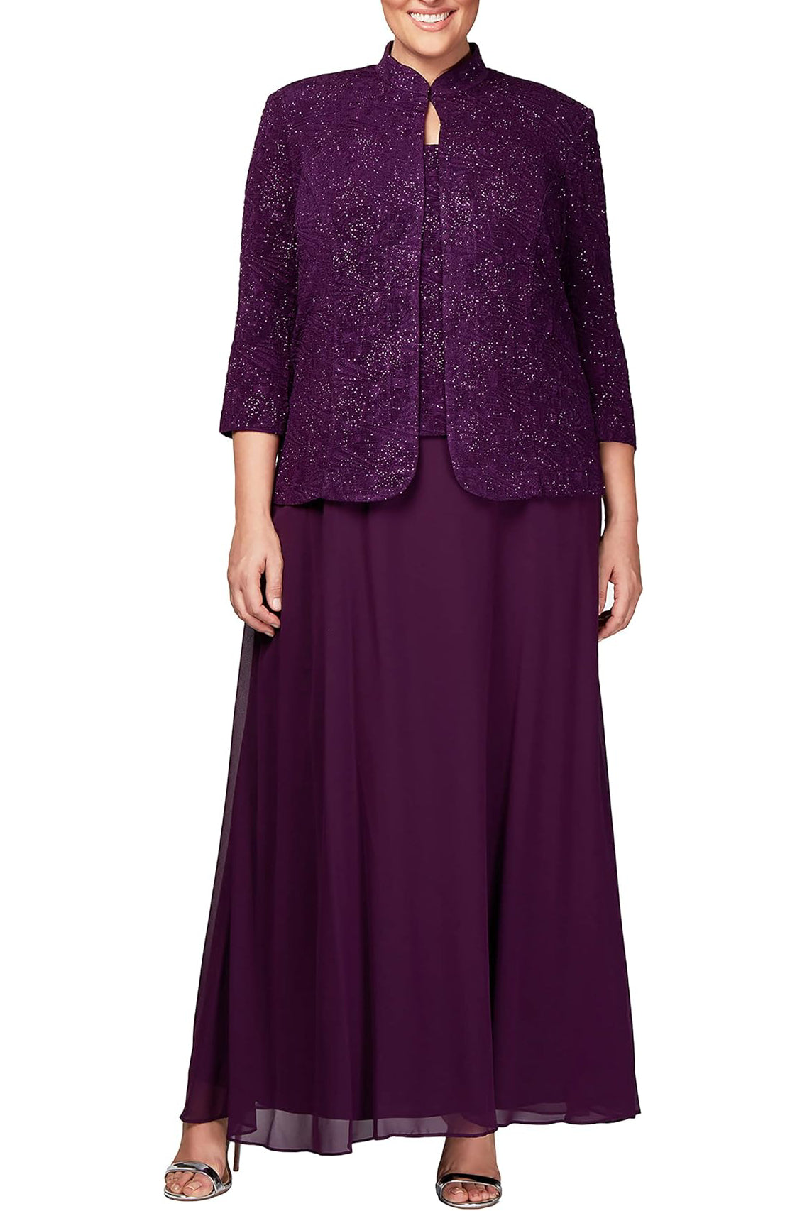 Alex Evenings Scoop Neck 3/4 Sleeve Jacquard Glitter Embellished Chiffon Skirted 2-Piece Jacket Dress (Plus Size) - EGGPLANT - FRONT