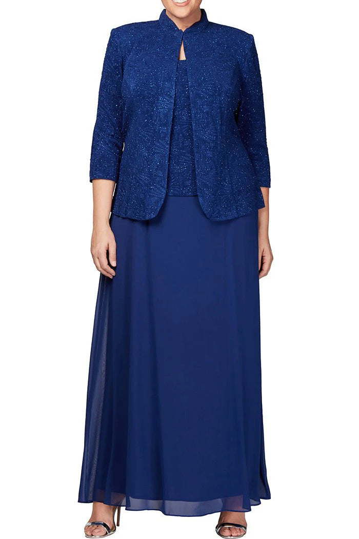 Alex Evenings Scoop Neck 3/4 Sleeve Jacquard Glitter Embellished Chiffon Skirted 2-Piece Jacket Dress (Plus Size) -ELECTRIC BLUE - FRONT VIEW