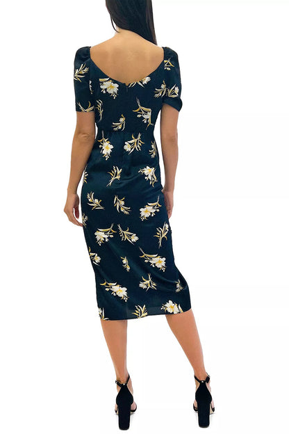 Sam Edelman V-neck Puff Sleeve Zipper Closure Slit Front Floral Print Satin Dress - NAVY MULTI - Back