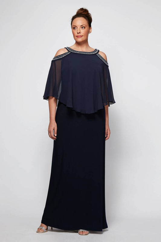Cold Shoulder Popover Jersey and Chiffon Gown with Beaded Neckline Alex Evenings 4351319