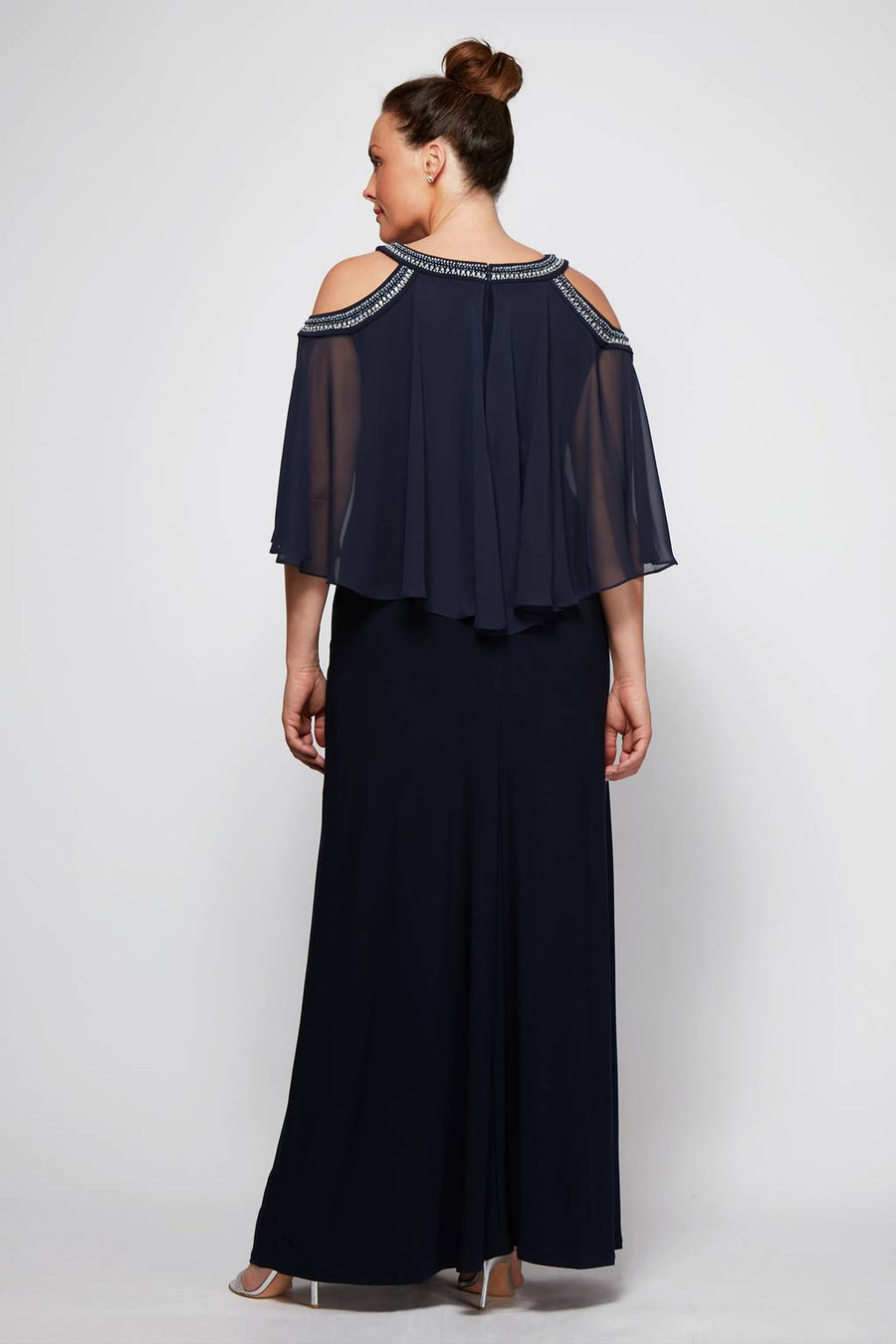 Cold Shoulder Popover Jersey and Chiffon Gown with Beaded Neckline Alex Evenings 4351319