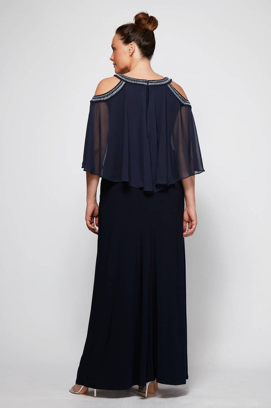 Cold Shoulder Popover Jersey and Chiffon Gown with Beaded Neckline Alex Evenings 4351319