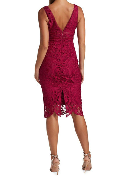 ML Monique Lhuillier V-Neck Sleeveless Banded Waist Bodycon Slit Back Lace Dress - CERISE RED -Back