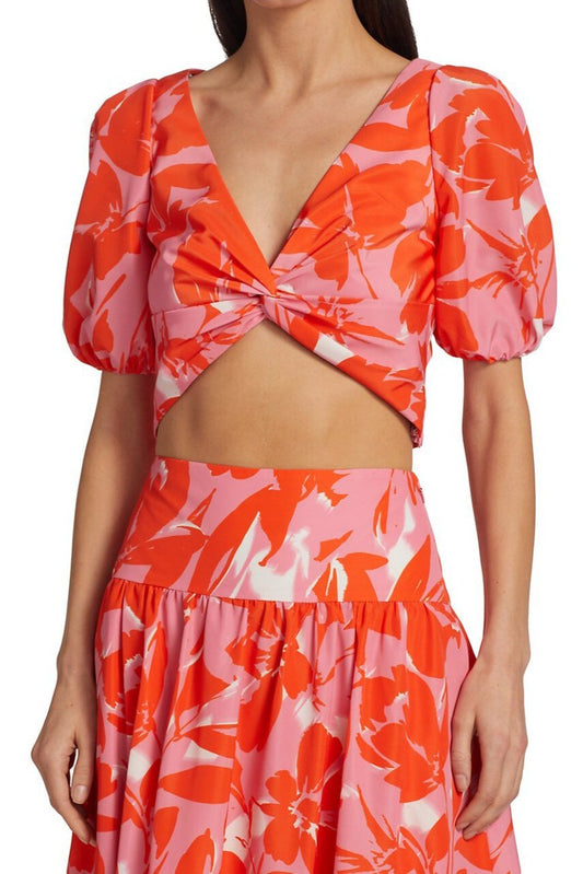 ML Monique Lhuillier V-Neck Short Sleeve Twisted Front Printed Taffeta Crop Top - DANCING PEONY BUBBLE GUM - Front