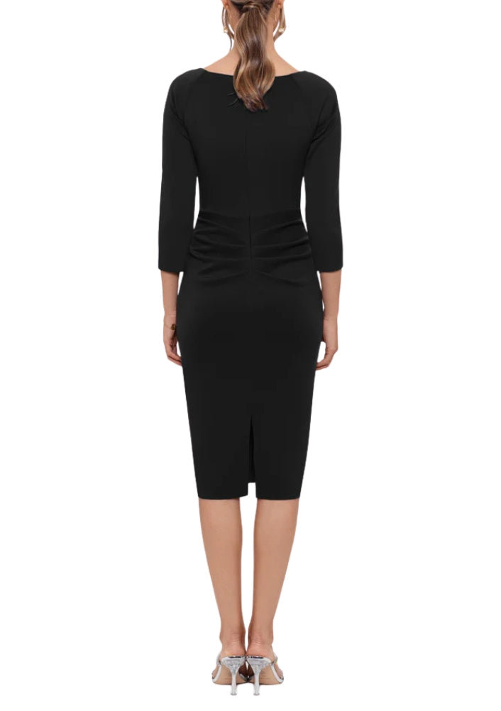 XScape Allie V-Neckline 3/4 Sleeves Back Zipper Side Ruffle Sheath Midi Dress - BLACK - Back