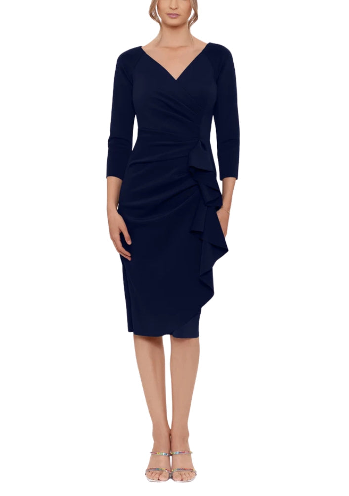 Cocktail Dresses V-Neck 3/4 Sleeve Sheath Side Ruffle Cocktail Dress Navy