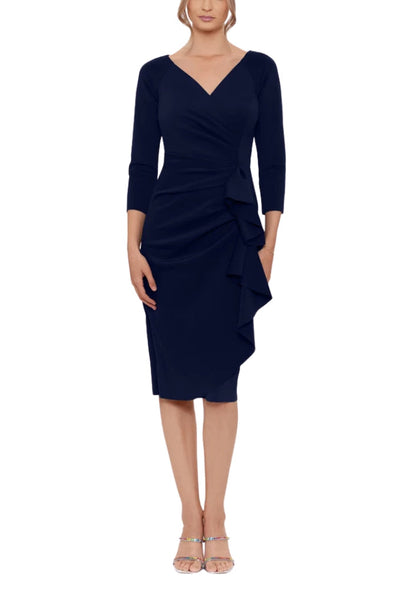 V-Neck 3/4 Sleeve Ruffle Side Sheath Midi Dress Xscape 4994X