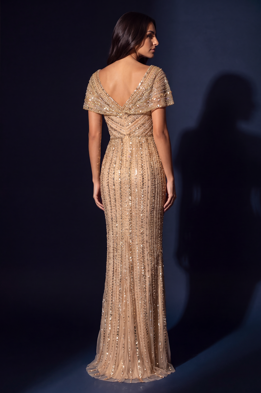 Beaded V-Neck Cap Sleeve Mermaid Gown