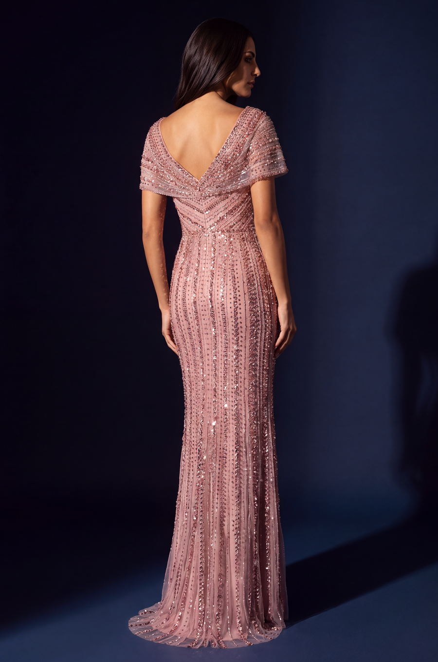 Beaded V-Neck Cap Sleeve Mermaid Gown