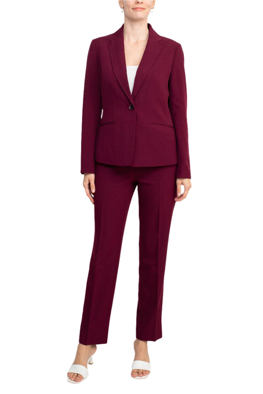 Le Suit Notched Collar One Button Jacket With Button Hook Zipper Closure Pockets Crepe Pants Suit (Petite)