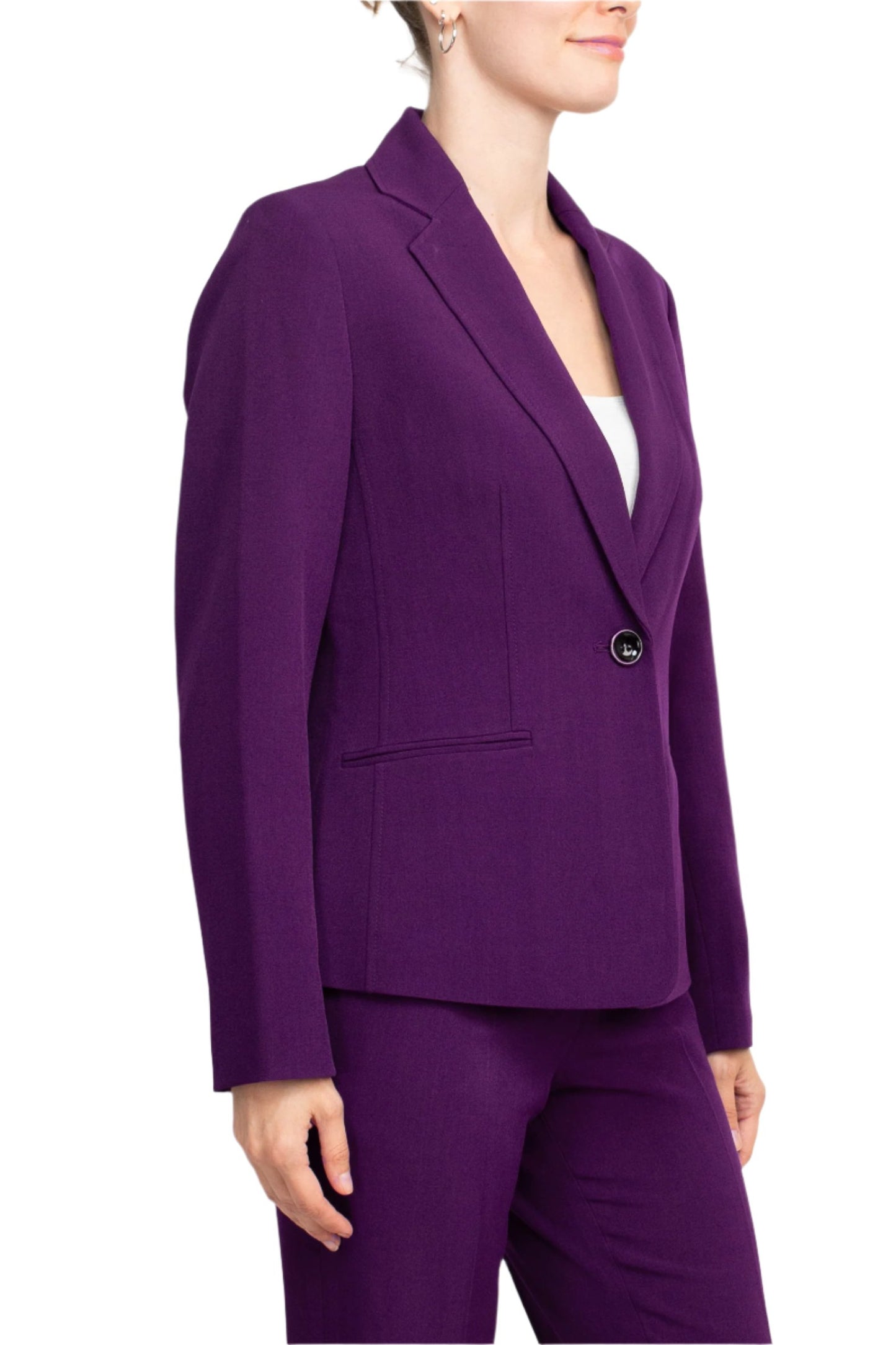 Le Suit Notched Collar One Button Jacket With Button Hook Zipper Closure Pockets Crepe Pants Suit (Petite)