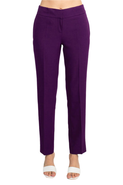 Le Suit Notched Collar One Button Jacket With Button Hook Zipper Closure Pockets Crepe Pants Suit (Petite) - PLUM - PANT FRONT VIEW 