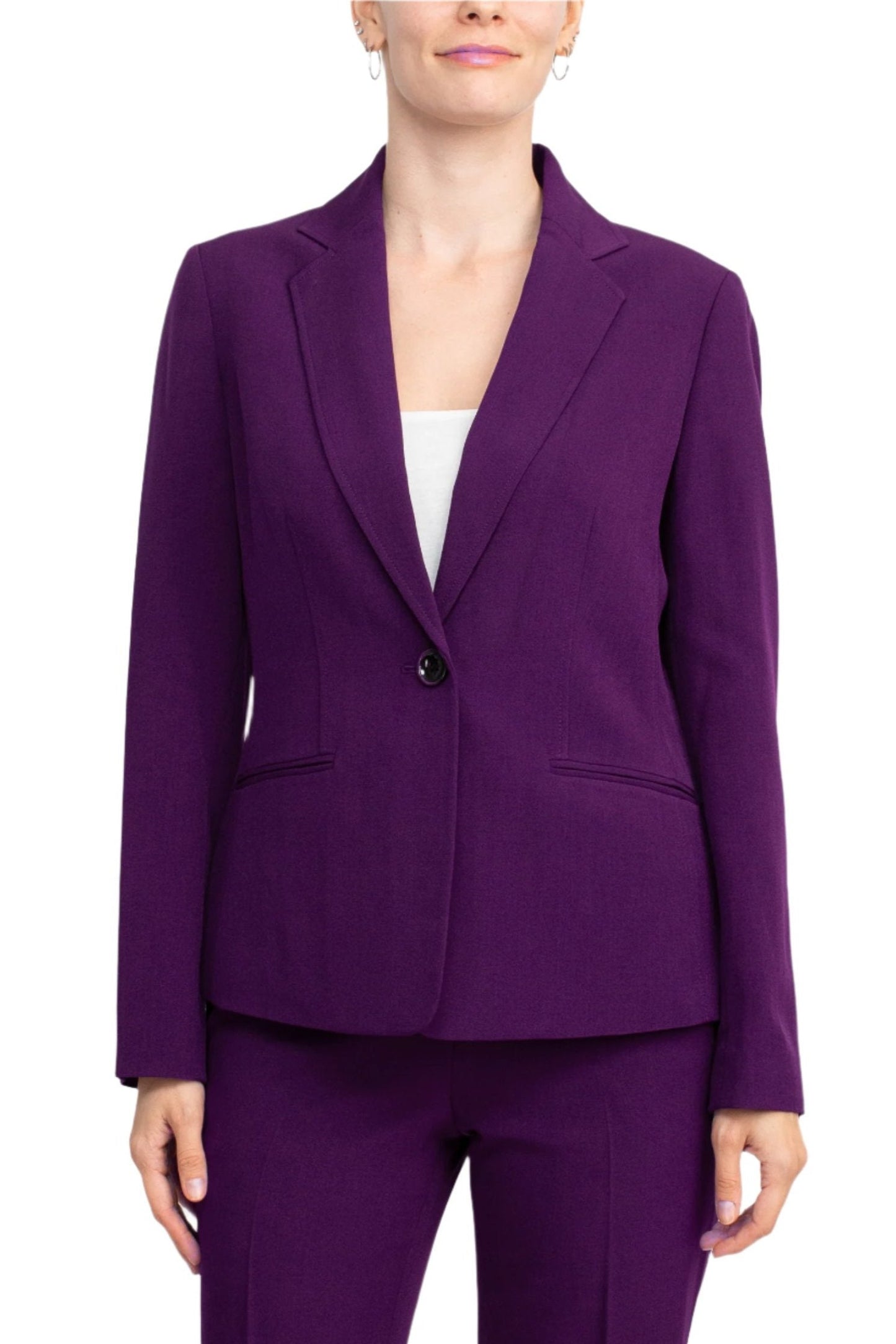 Le Suit Notched Collar One Button Jacket With Button Hook Zipper Closure Pockets Crepe Pants Suit (Petite) - PLUM - FRONT 