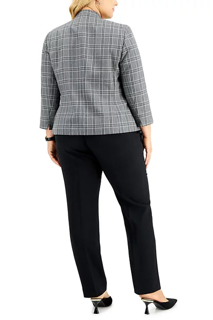 Le Suit Windowpane Pattern 6 Button Hook Closure Jacket with Button Hook Zipper Closure Crepe Pants Suit (Two Piece Set) (Plus Size) - BLACK COMBO -back