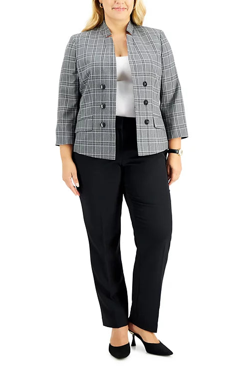 Le Suit Windowpane Pattern 6 Button Hook Closure Jacket with Button Hook Zipper Closure Crepe Pants Suit (Two Piece Set) (Plus Size) - BLACK COMBO- front