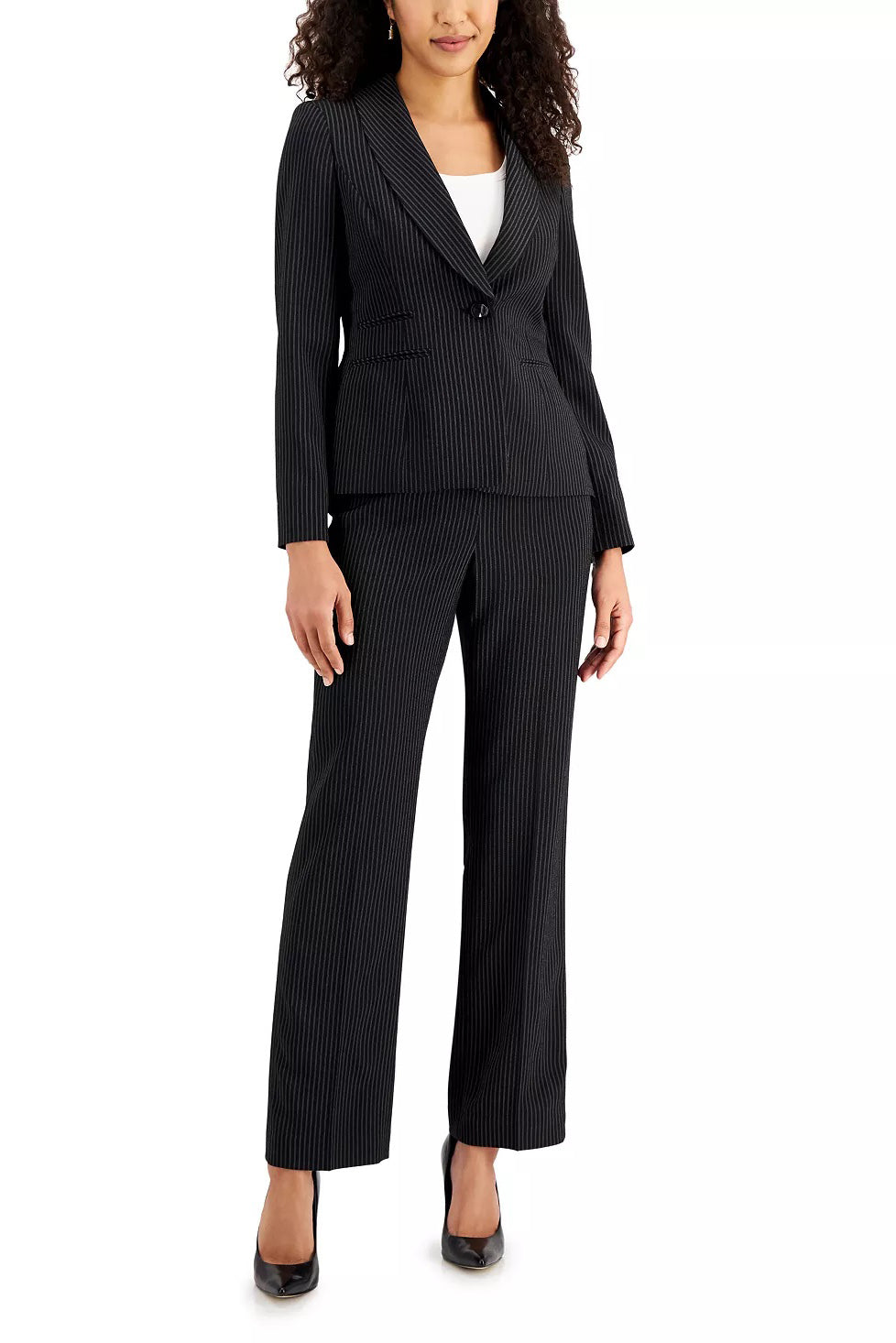 Le Suit Notched Collar 1 Button Jacket Hook Zipper Closure Crepe Pants (Petite) - BLACK WHITE - FRONT 