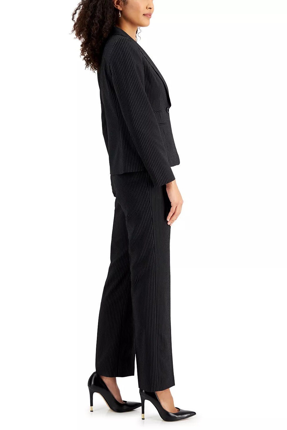 Le Suit Notched Collar 1 Button Jacket Hook Zipper Closure Crepe Pants (Petite) - BLACK WHITE - SIDE 