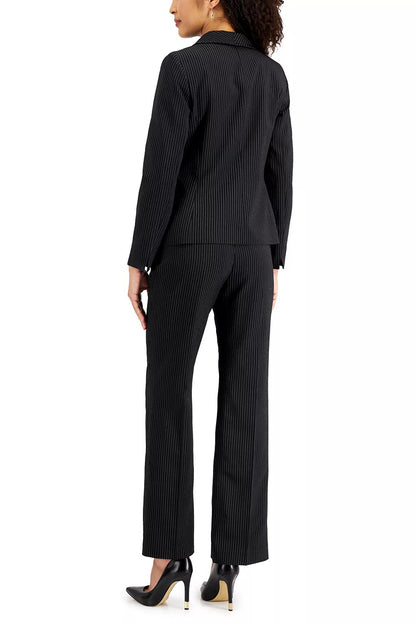 Le Suit Notched Collar 1 Button Jacket Hook Zipper Closure Crepe Pants (Petite) - BLACK WHITE - BACK 