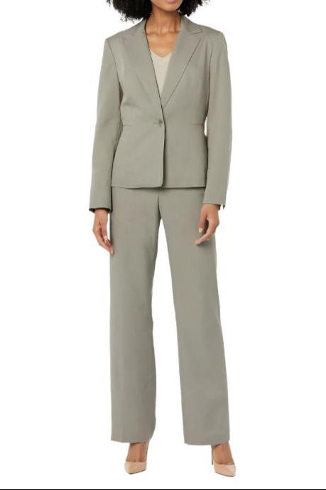 Le Suit Notched Collar 1 Button Jacket with Button Hook Zipper Closure Pants (Two Piece Set) - SATIN TAUPE - Front 