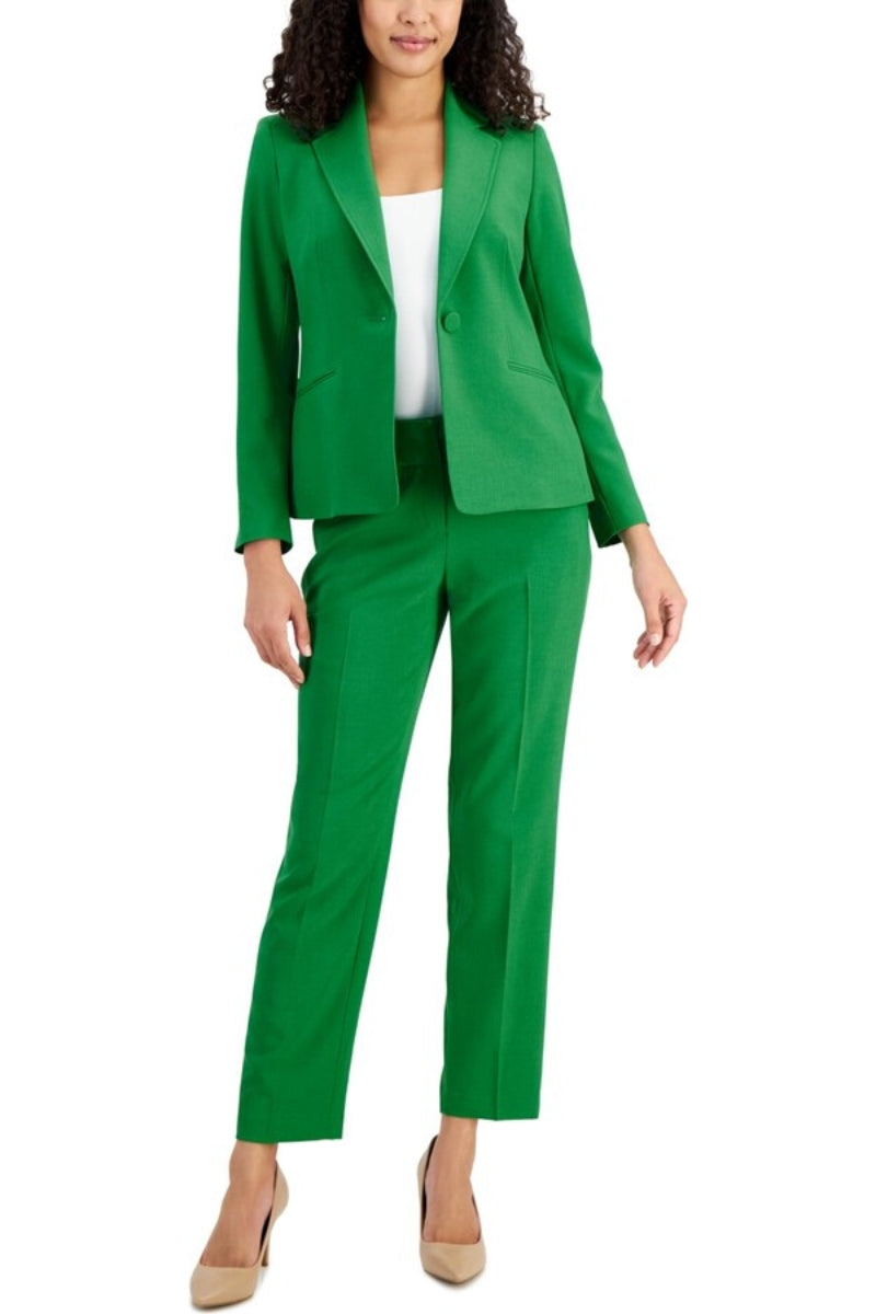 LE Suit Notched Collar Long Sleeve One Button Closure Shoulder Pads Side Welt Pockets with Mid Waist Zipper, Hook & Eye Closure with Pockets Pant - EMERALD - Front View