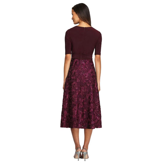 Wholesale Tea-Length Lace & Jersey Cocktail Dress with Full Rosette Lace Skirt and Tie Belt Alex Evenings 1121465