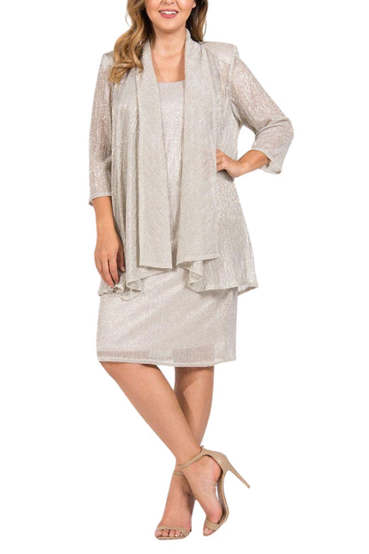 R&M Richards Scoop Neck 3/4 Sleeve Drape Front Metallic 2-Piece Jacket Dress (Plus Size) - CHAMPAGNE - Front