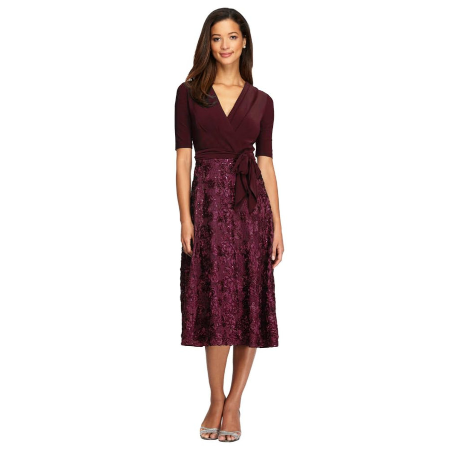 Wholesale Tea-Length Lace & Jersey Cocktail Dress with Full Rosette Lace Skirt and Tie Belt Alex Evenings 1121465