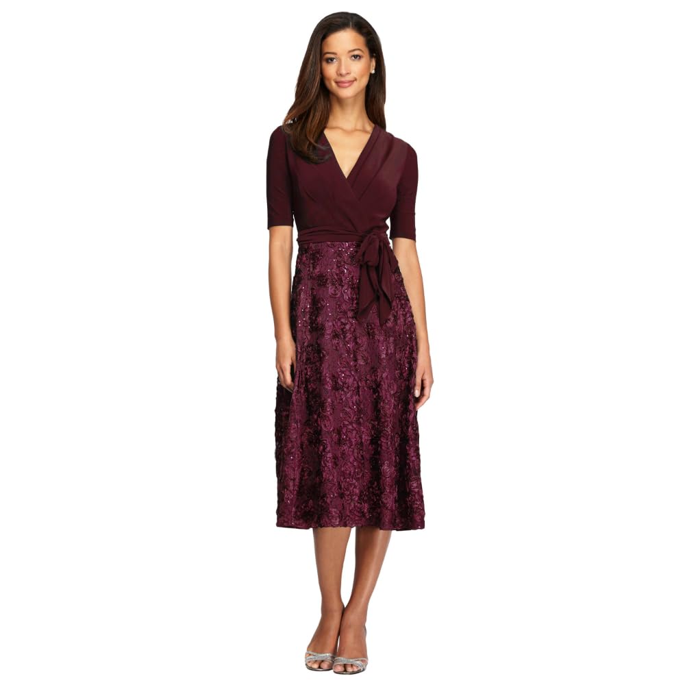 Wholesale Tea-Length Lace & Jersey Cocktail Dress with Full Rosette Lace Skirt and Tie Belt Alex Evenings 1121465