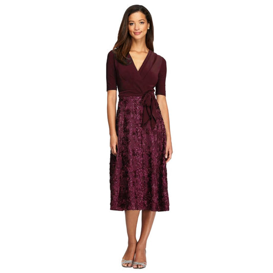 Wholesale Tea-Length Lace & Jersey Cocktail Dress with Full Rosette Lace Skirt and Tie Belt Alex Evenings 1121465