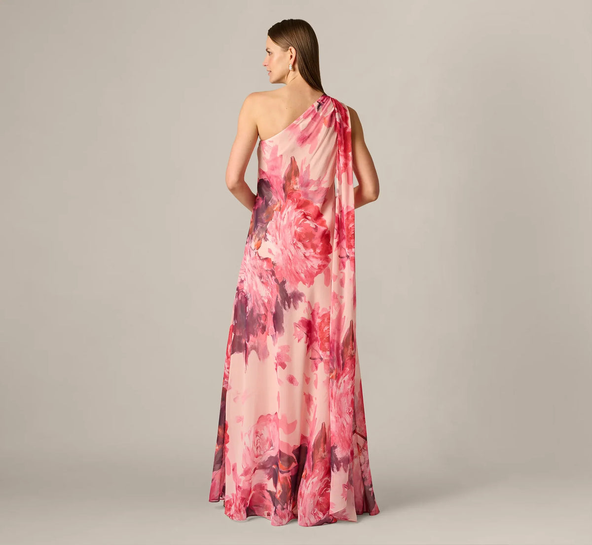 One-Shoulder Peony Floral Chiffon Scarf Gown Aidan Mattox MD1E209994