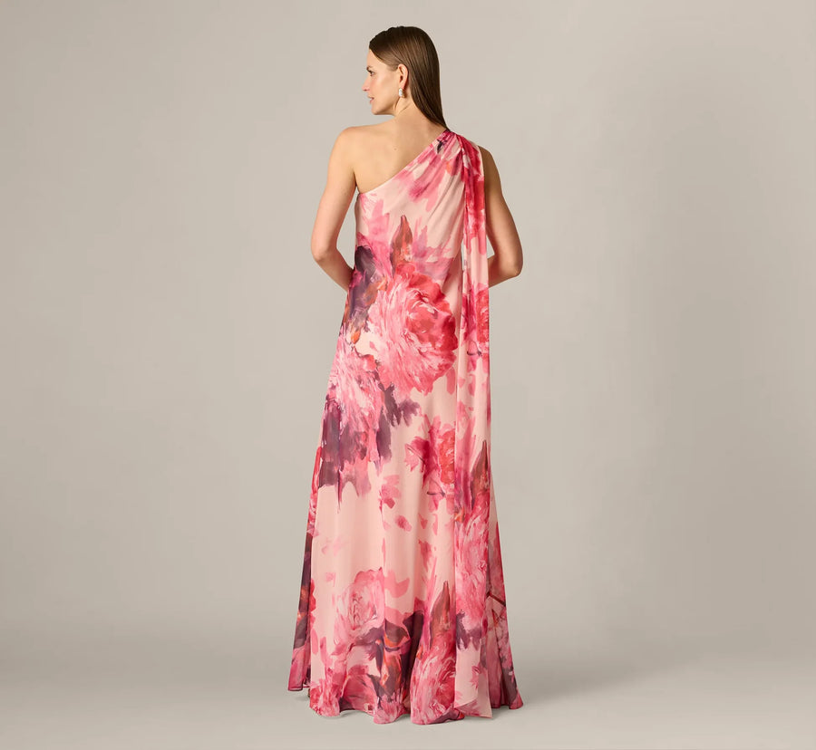 One-Shoulder Peony Floral Chiffon Scarf Gown Aidan Mattox MD1E209994