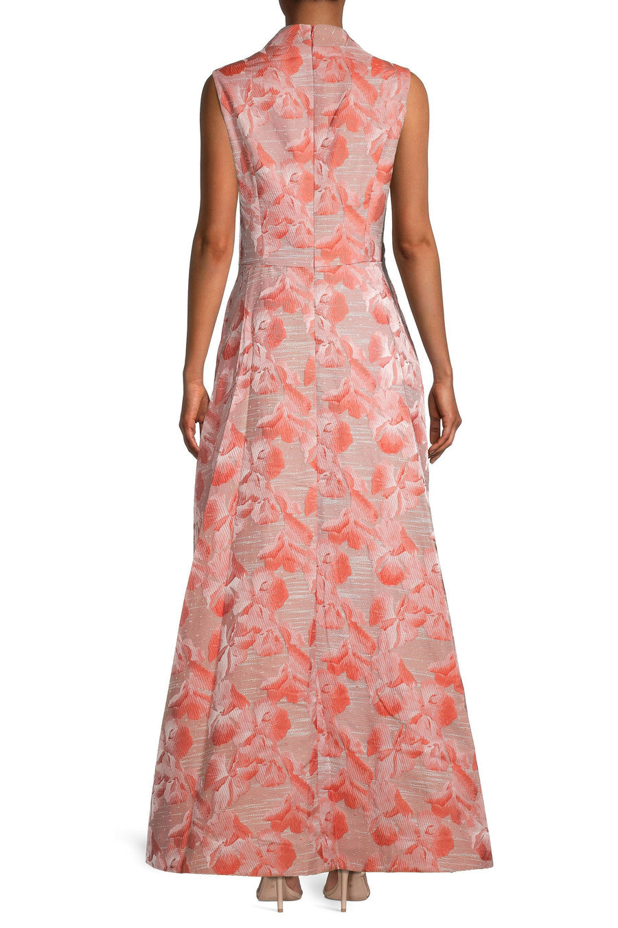 Kay Unger Swan Neckline Sleeveless Pleated A-line Zipper Closure Floral Stripe Jacquard Gown With Pockets - PERSIMMON MULTI -  Back