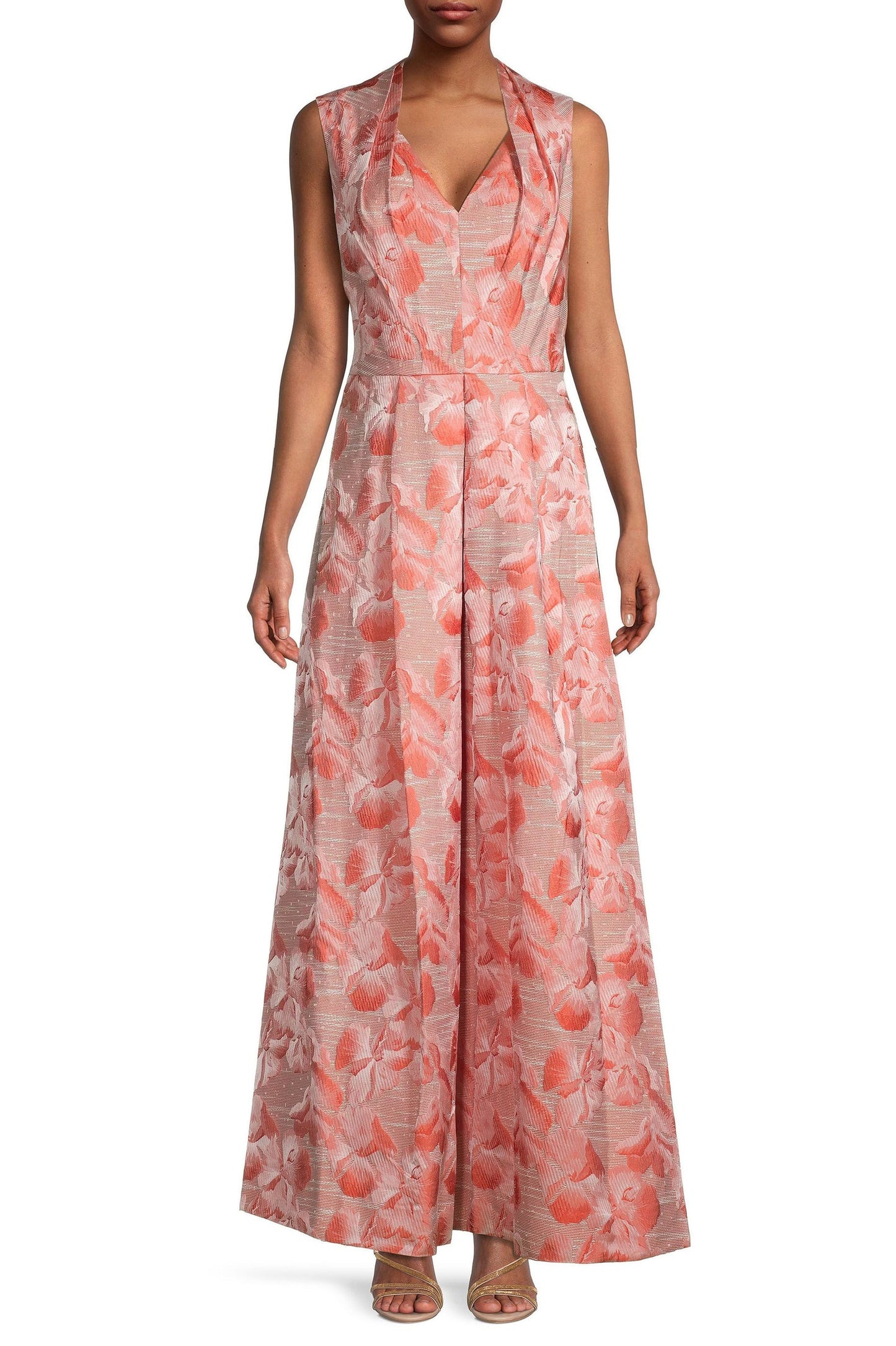 Kay Unger Swan Neckline Sleeveless Pleated A-line Zipper Closure Floral Stripe Jacquard Gown With Pockets - PERSIMMON MULTI -  Front