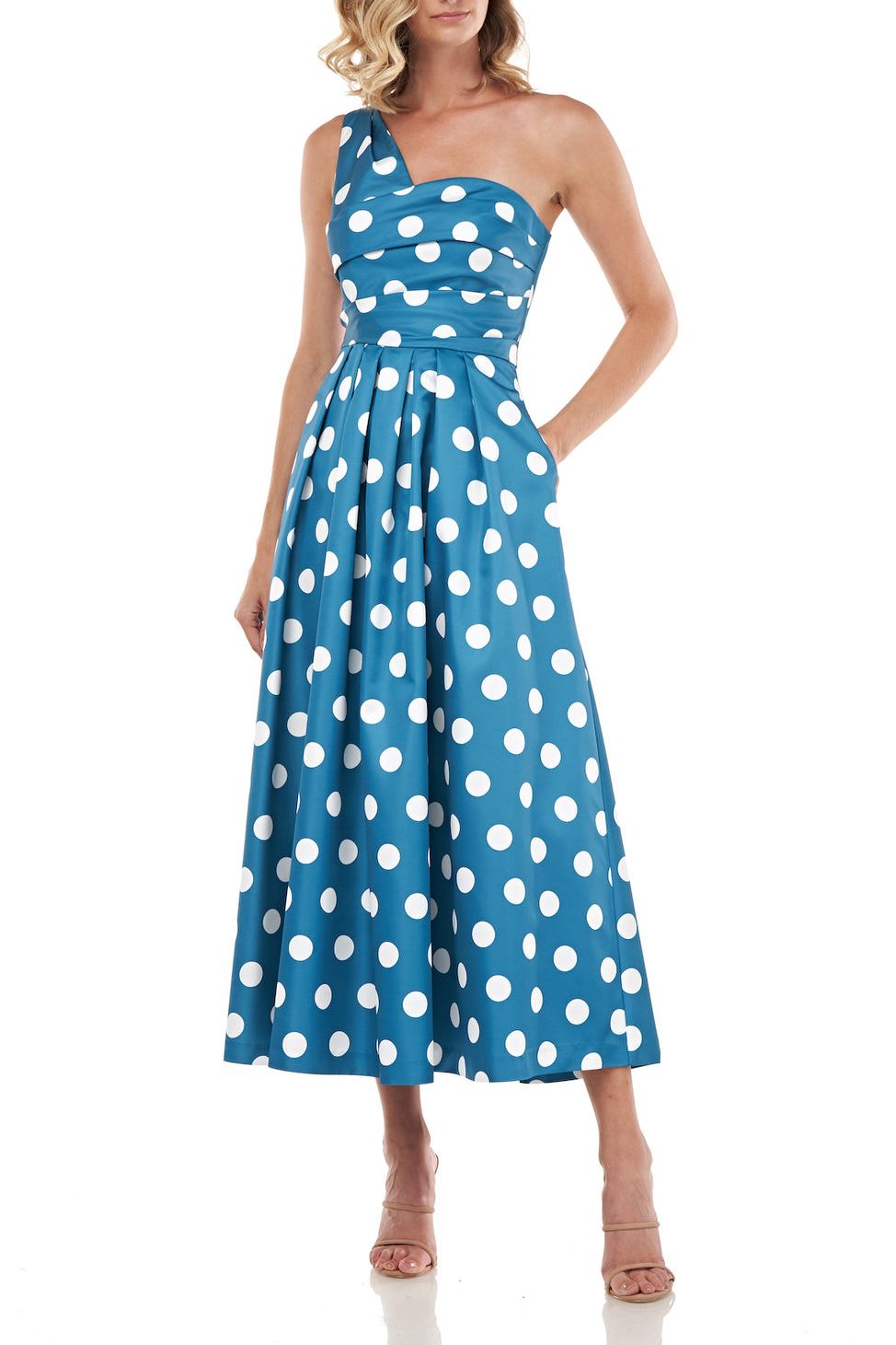 Kay Unger one shoulder sleeveless pleated polka dot print zipper closure A-line mikado dress