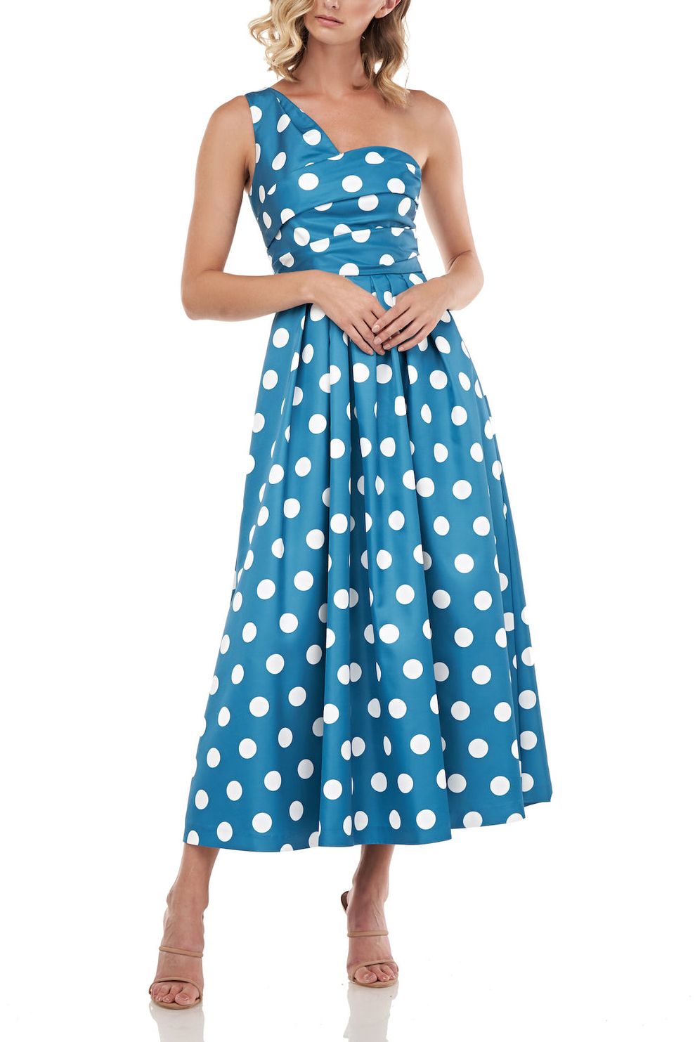 Kay Unger one shoulder sleeveless pleated polka dot print zipper closure A-line mikado dress